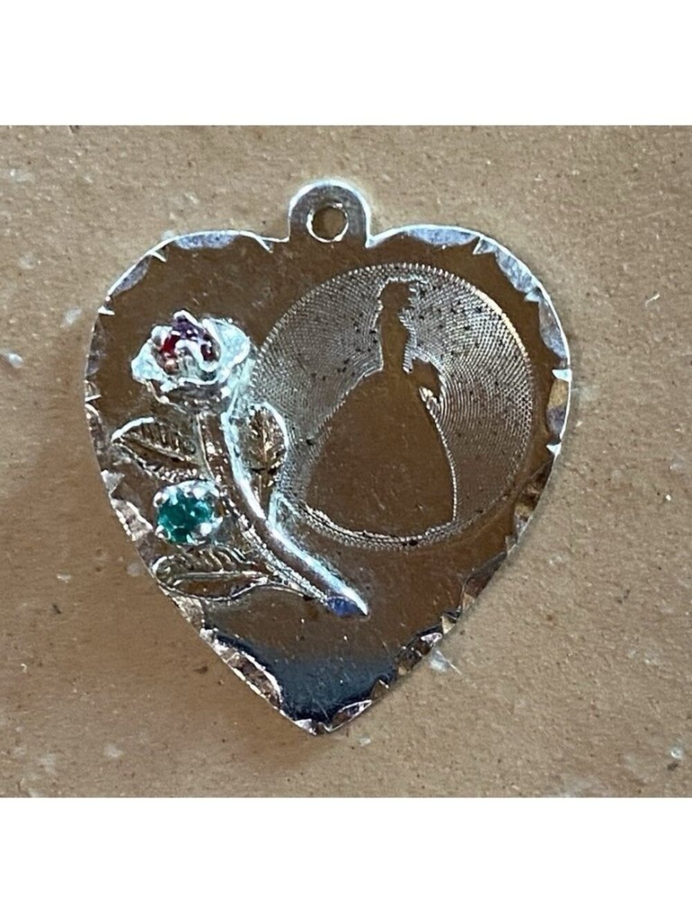 TC Sterling Woman Silhouette And Flower Engraved 6-1-68 Red Green Glass Accents
